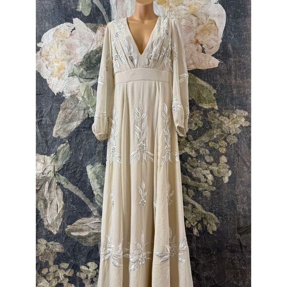 New Anthropologie BHLDN Belize Embroidered A-Line Long-Sleeve V-Neck Gown Sz 12 - Picture 7 of 10